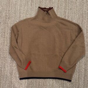 Anthropologie Tan Cashmere Turtleneck Sweater with Red and Black Trim